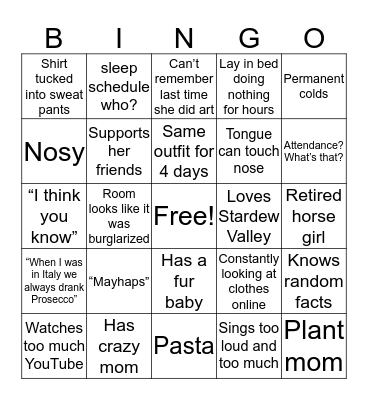 caroline Bingo Card