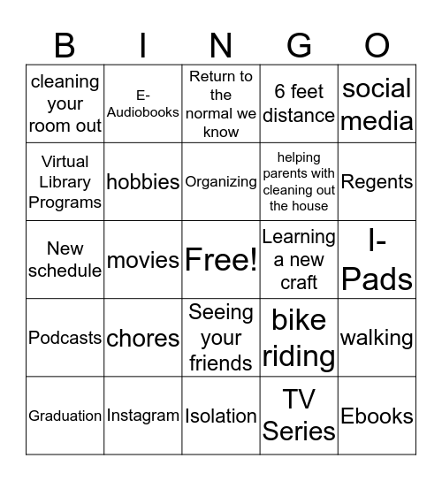 Young Adults in Quarantine Bingo Card