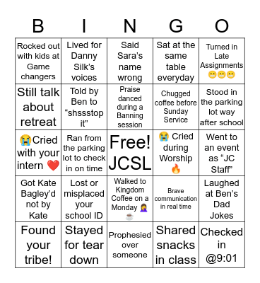 Jesus Culture School of Leadership Bingo Card