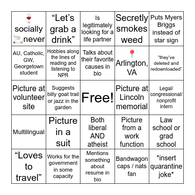 DC DATING APP BINGO Card