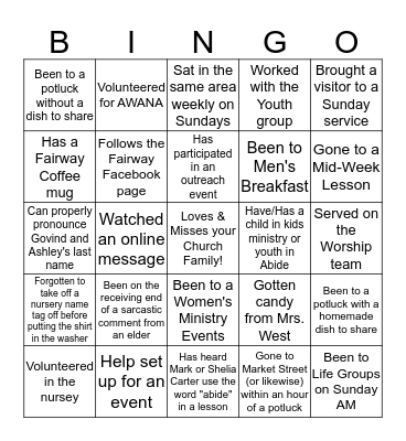FAIRWAY FAMILY BINGO Card