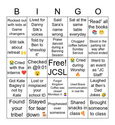 Jesus Culture School of Leadership Bingo Card