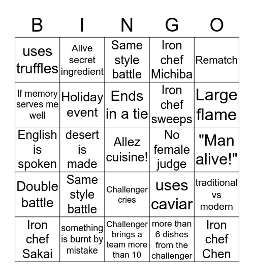 Iron Chef Bingo Card