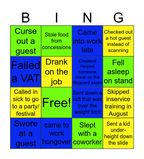 Bad Lifeguard Bingo Card