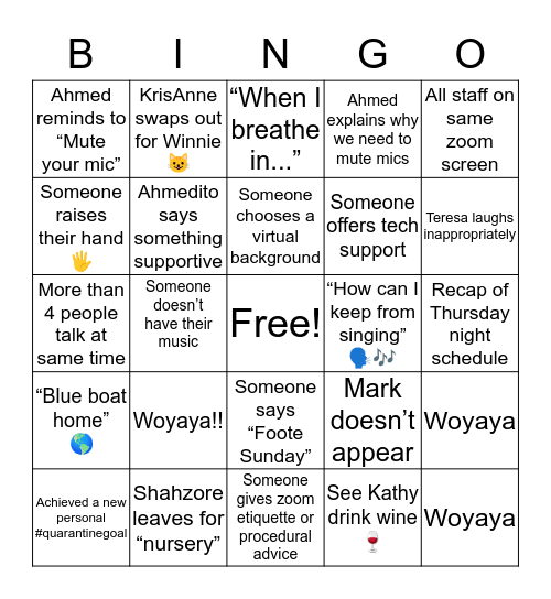 Zoom Rehearsal Bingo Card