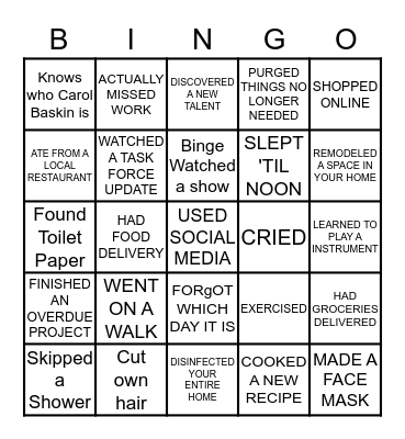 Quarantine Bingo Card