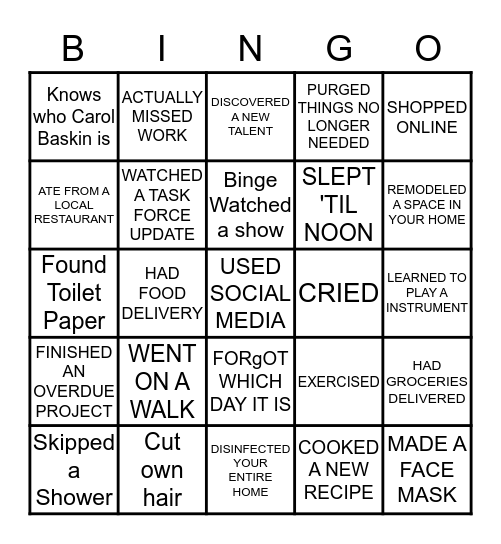 Quarantine Bingo Card