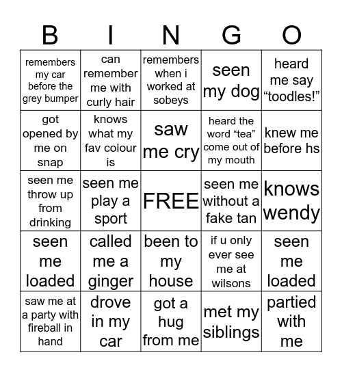 Nic’s Bingo Card