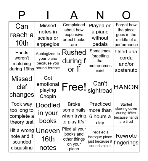 Piano Bingo by Mi Bingo Card