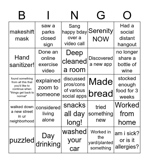 Quarantingo Bingo Card
