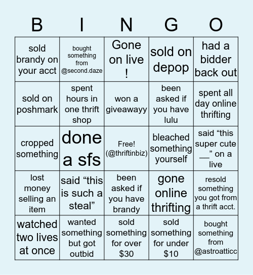 Thrift Account Bingo Card