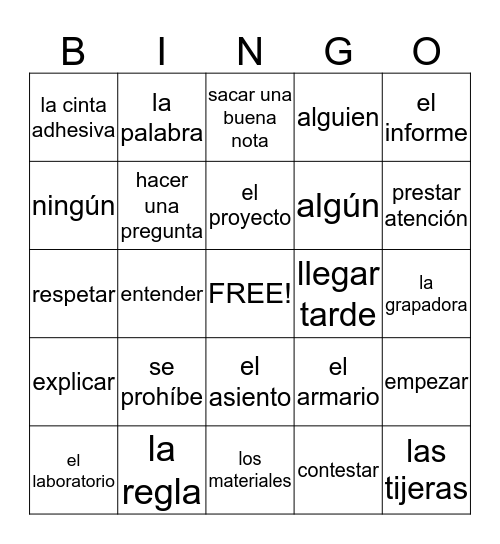 2-vocabulario de 1A Bingo Card