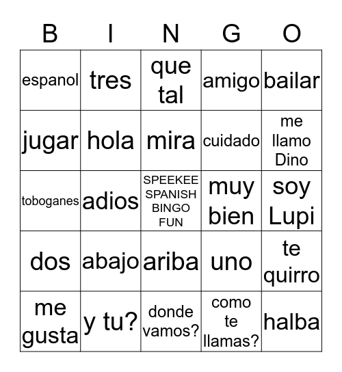 Speekee Spanish - El parque Bingo Card
