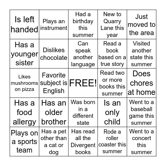 Getting to Know You Bingo Card