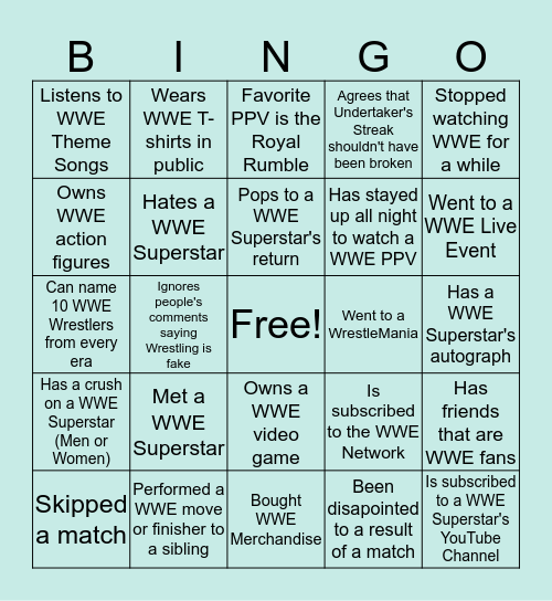 WWE Fan Bingo Card