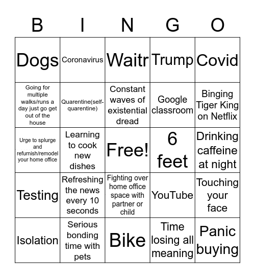 Pandemic Bingo Card