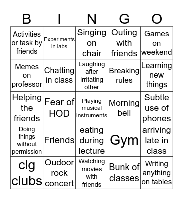 Things I miss the most about clg and hostel during quaranteen Bingo Card