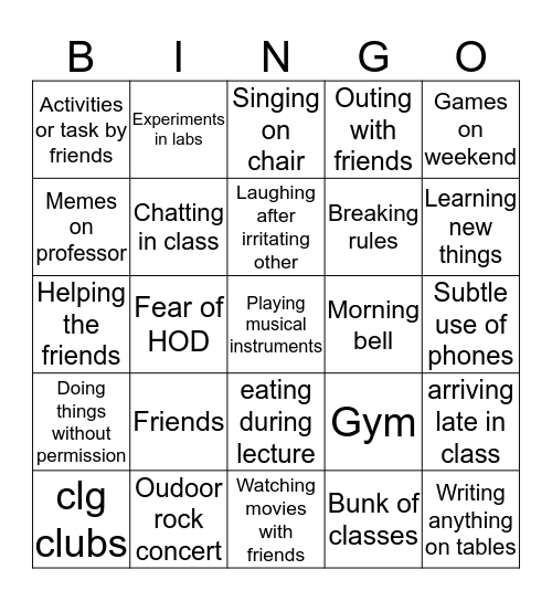 Things I miss the most about clg and hostel during quaranteen Bingo Card