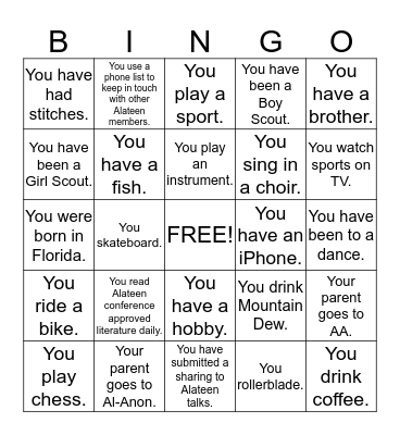 Alateen Icebreaker Bingo Card