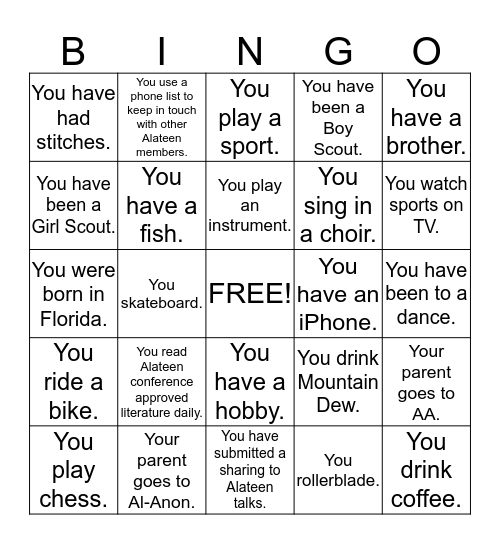 Alateen Icebreaker Bingo Card