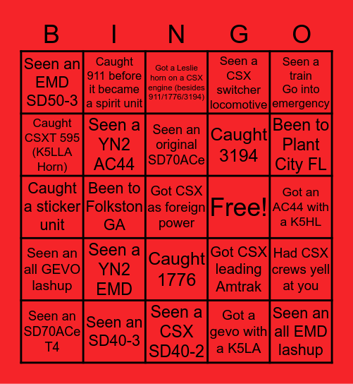 CSX Bingo Card