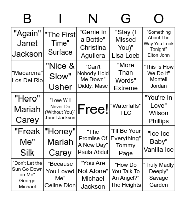 Top Songs of the 1990s Bingo Card
