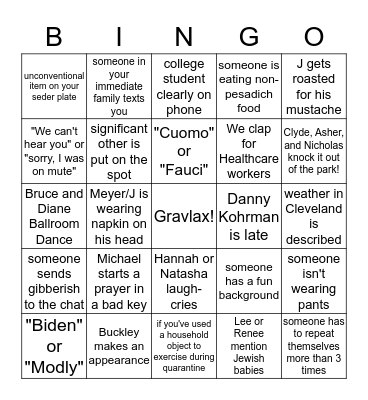 Passover Seder 2020 Bingo Card