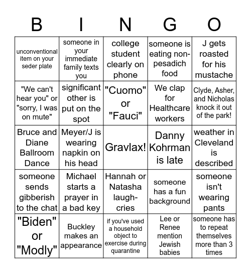 Passover Seder 2020 Bingo Card