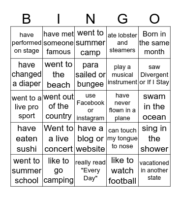 WELCOME BACK Bingo Card