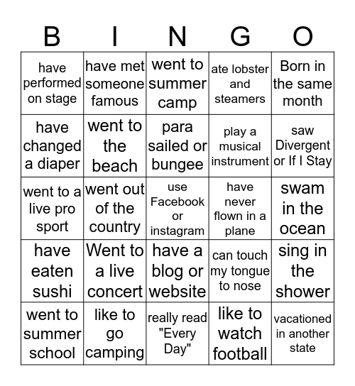 WELCOME BACK Bingo Card