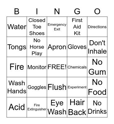 Science Safety Rules Bingo Card