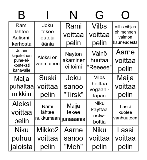 Autismi Bingo Card