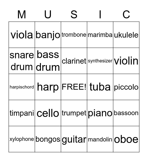 Musical instruments Bingo Card