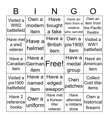 Militaria Bingo Card