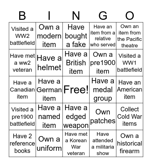 Militaria Bingo Card