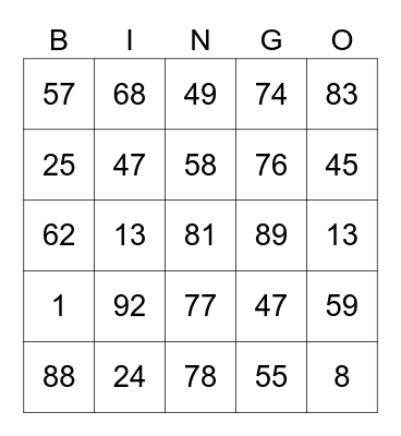 NUMBER Bingo Card