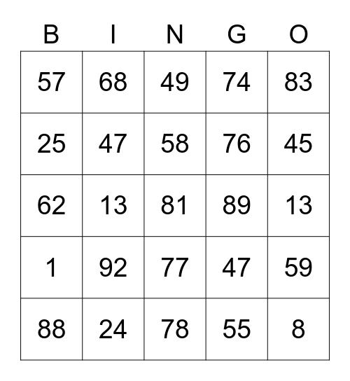 NUMBER Bingo Card