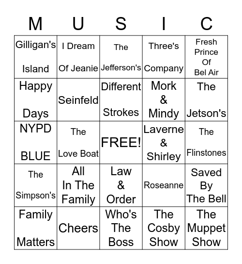 Eric & Lori's TV Theme's Music Bingo! Bingo Card