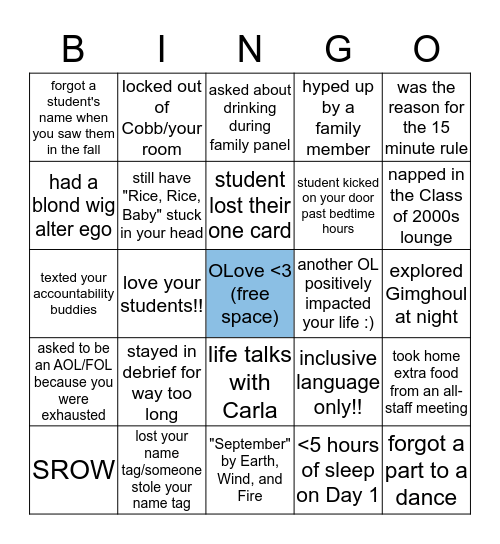 UNC Orientation Leader Bingo! Bingo Card