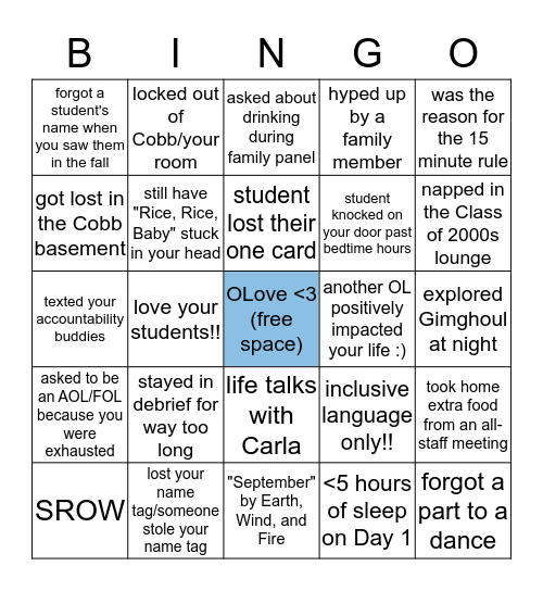 UNC Orientation Leader Bingo! Bingo Card