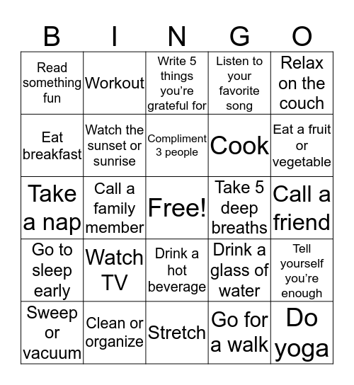 Resident Wellness Bingo Card