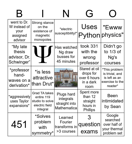UNC Physics Majors Bingo Card