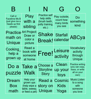 Ms. B's Class Bingo-Week 1 Bingo Card