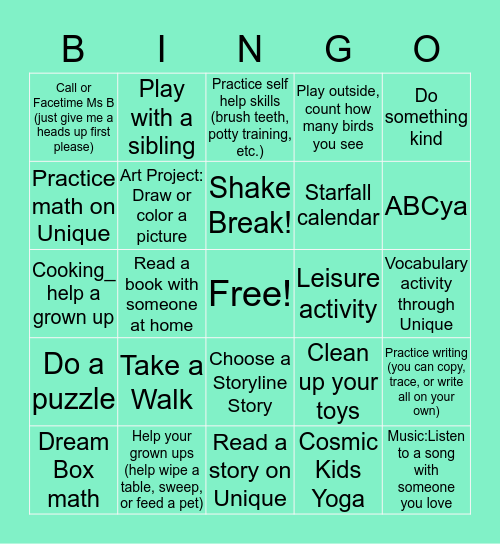 Ms. B's Class Bingo-Week 1 Bingo Card