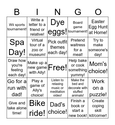 Things to do while stuck inside! Bingo Card