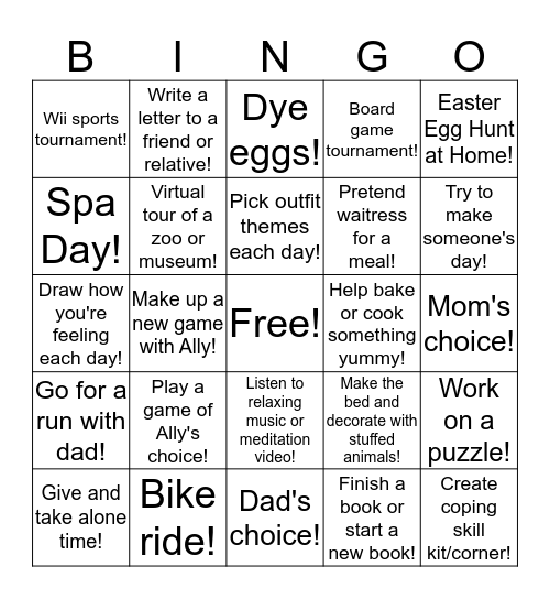 Things to do while stuck inside! Bingo Card