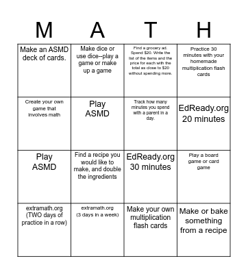 Practical Math Bingo Card