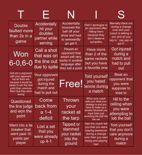 College Tennis Bingo Sheet Bingo Card