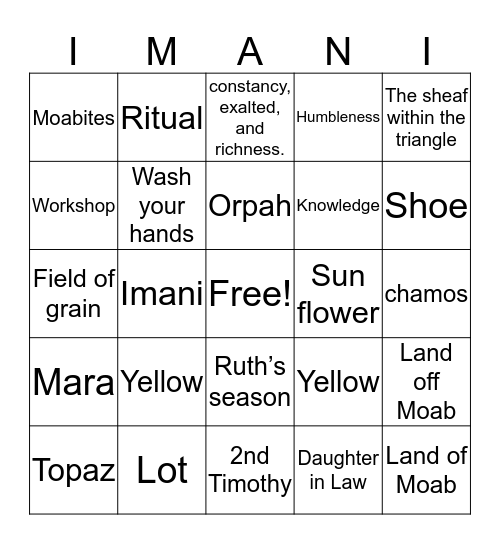 Imani - Ruth Bingo Card