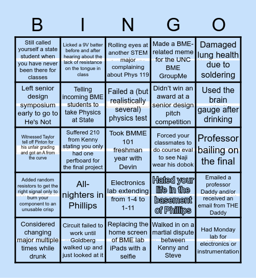 UNC BME BINGO Card